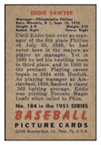 1951 Bowman Baseball #184 Eddie Sawyer Phillies VG-EX 463264