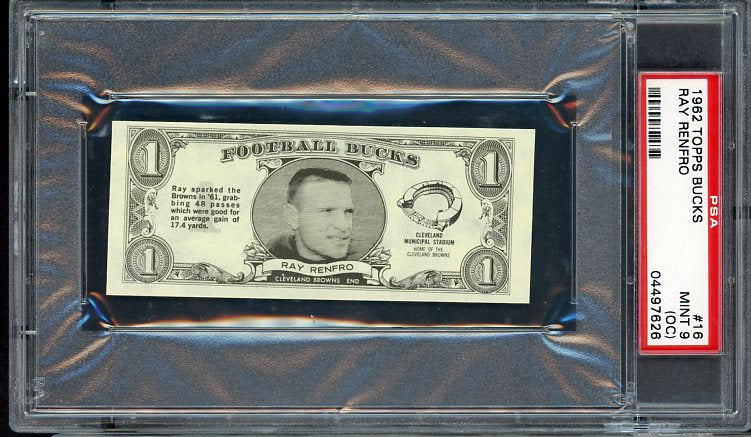 1962 Topps Football Bucks #016 Ray Renfro Browns PSA 9 MINT oc