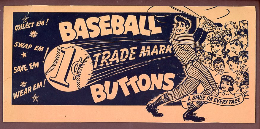 1950's Baseball Trademark Buttons Display Header Card 526325