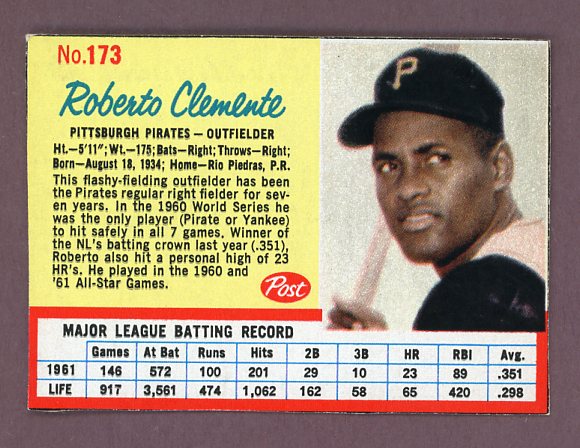 1962 Post Baseball #173 Roberto Clemente Pirates Blue Lines EX-MT 526592