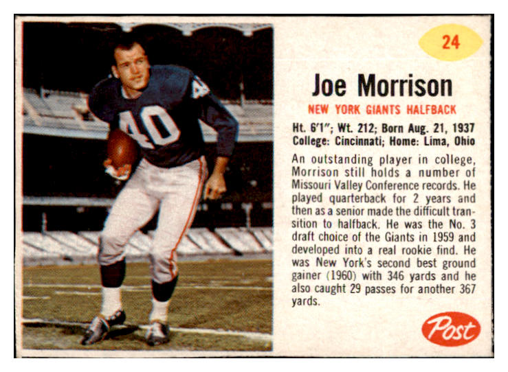 1962 Post Football #024 Joe Morrison Giants EX-MT 529346