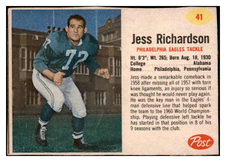 1962 Post Football #041 Jess Richardson Eagles EX 529356