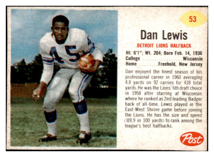 1962 Post Football #053 Dan Lewis Lions EX-MT 529359