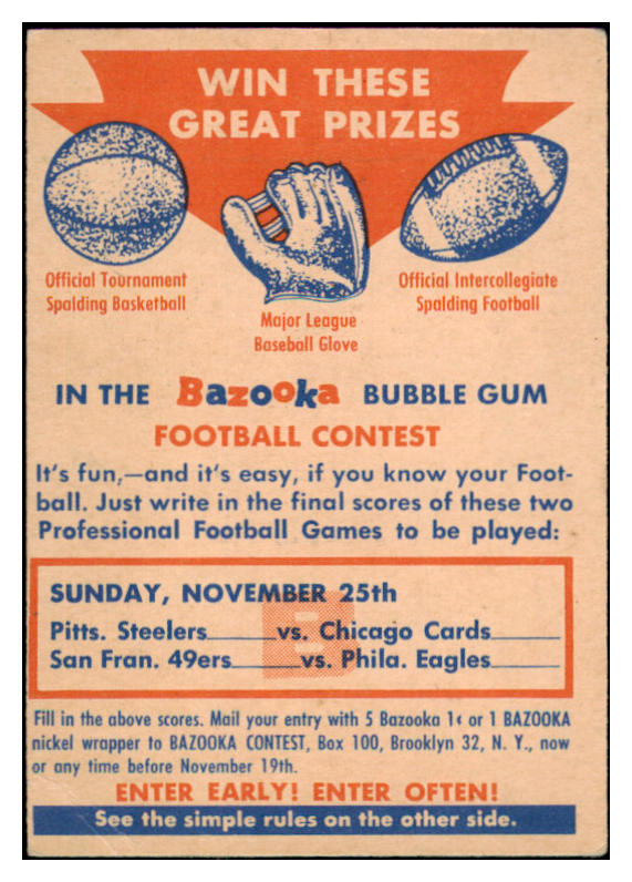 1956 Topps Football Contest Card B VG-EX Unmarked 531327