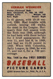 1951 Bowman Baseball #144 Herman Wehmeier Reds EX-MT 531449