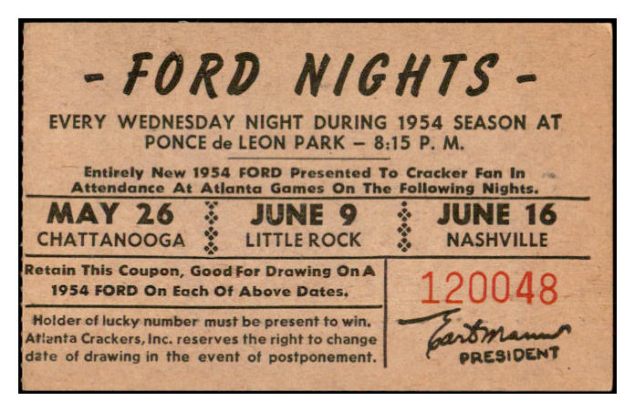 1954 Atlanta Crackers Ticket Stub Chattanooga Little Rock EX 533877