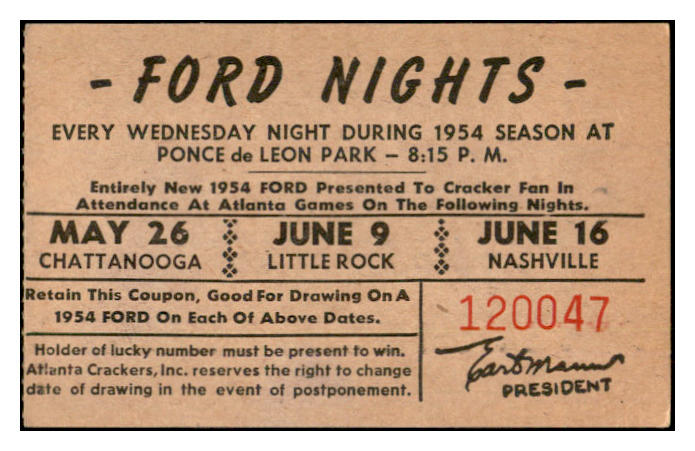 1954 Atlanta Crackers Ticket Stub Chattanooga Little Rock EX-MT 533879