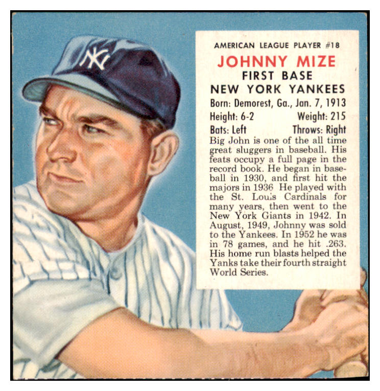 1953 Red Man #018AL Johnny Mize Yankees EX-MT No Tab 437330