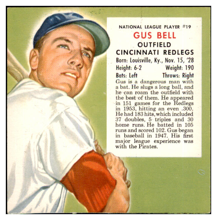 1954 Red Man #019NL Gus Bell Reds NR-MT No Tab 437383