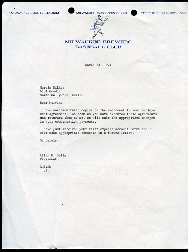 1971 Allan Bud Selig Milwaukee Brewers Letterhead w/Logo 365571