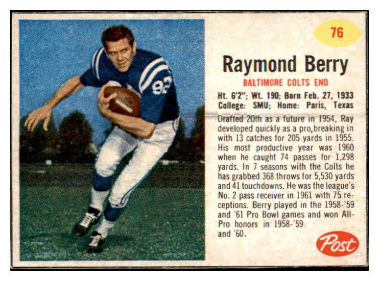 1962 Post Football #076 Raymond Berry Colts NR-MT 415469