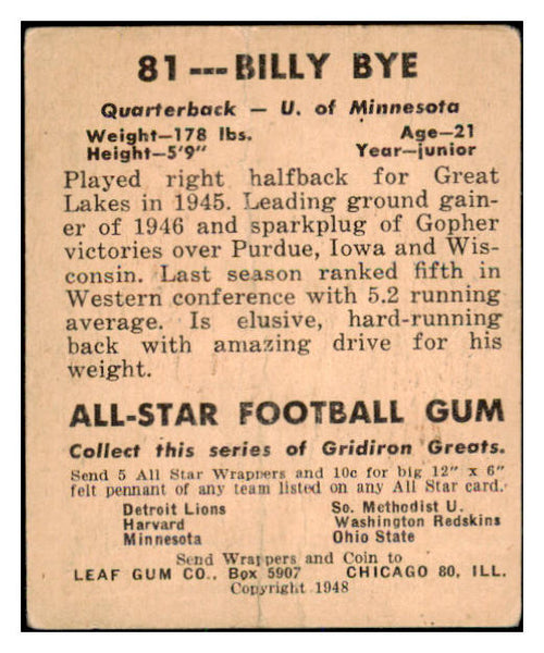 1948 Leaf Football #081 Billy Bye Minnesota Fair pencil front 436052