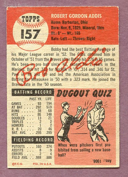 1953 Topps Baseball #157 Bob Addis Cubs EX 448465