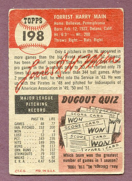 1953 Topps Baseball #198 Forrest Main Pirates VG 448633
