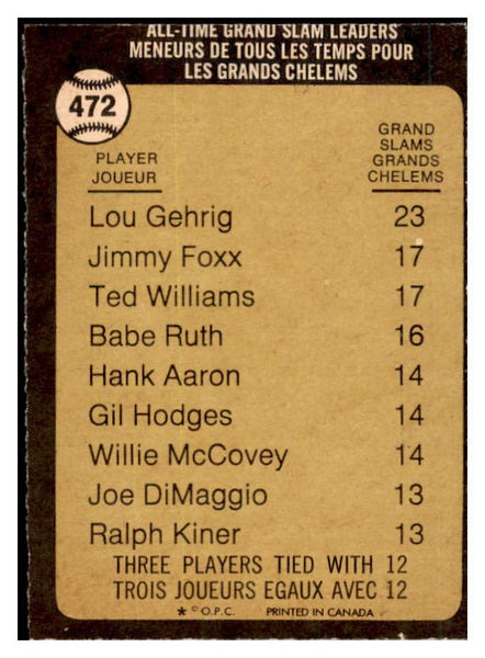 1973 O Pee Chee Baseball #472 Lou Gehrig ATL Yankees NR-MT oc 456732
