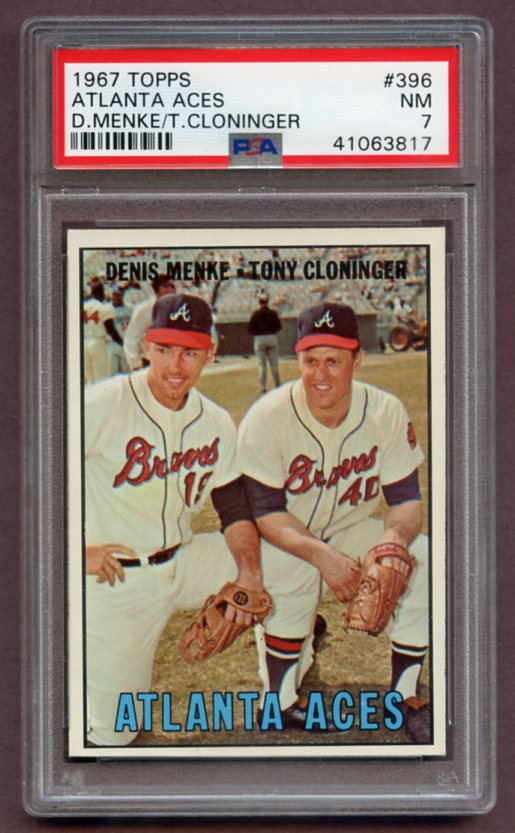 1967 Topps Baseball #396 Denis Menke Tony Cloninger PSA 7 NM 459449