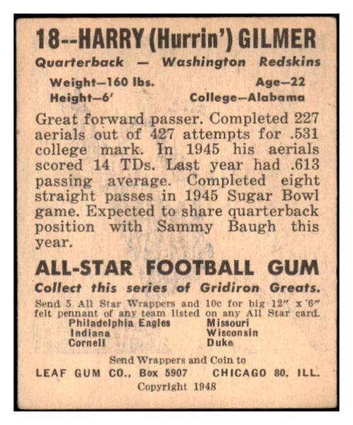 1948 Leaf Football #018 Harry Gilmer Washington VG-EX 460609