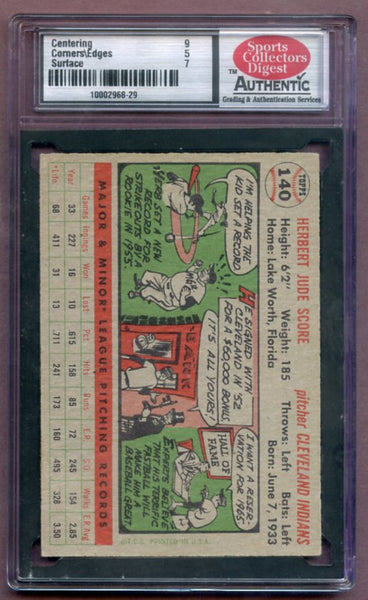1956 Topps Baseball #140 Herb Score Indians SCD 6 EX-MT Gray 461954