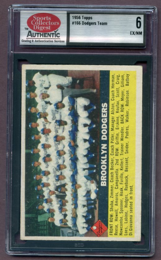 1956 Topps Baseball #166 Brooklyn Dodgers Team SCD 6 EX/NM Gray 462047