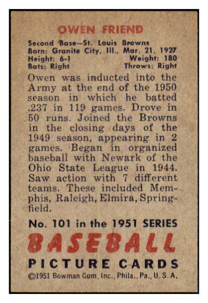 1951 Bowman Baseball #101 Owen Friend Browns EX-MT 463301