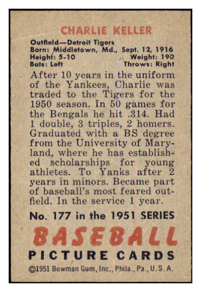 1951 Bowman Baseball #177 Charlie Keller Tigers EX-MT 463330