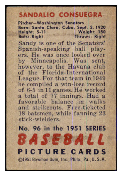 1951 Bowman Baseball #096 Sandy Consuegra Senators EX 463395