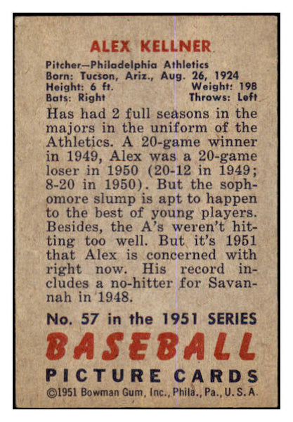 1951 Bowman Baseball #057 Alex Kellner A's VG-EX 463431