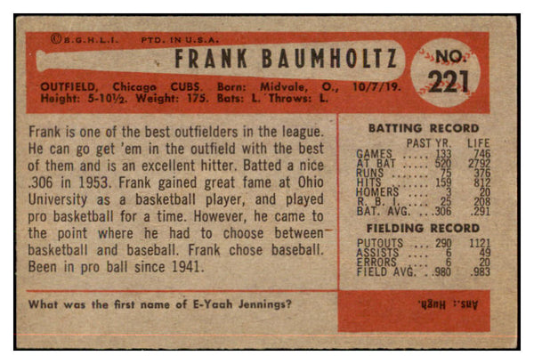 1954 Bowman Baseball #221 Frank Baumholtz Cubs EX-MT 463468