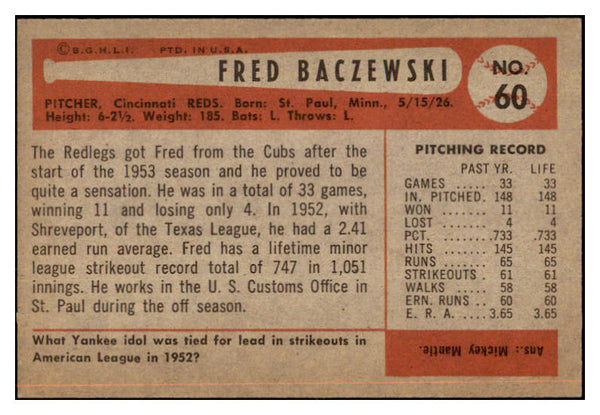 1954 Bowman Baseball #060 Fred Baczewski Reds EX-MT 463486