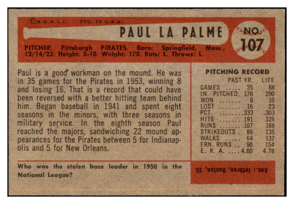 1954 Bowman Baseball #107 Paul Lapalme Pirates EX-MT 463526