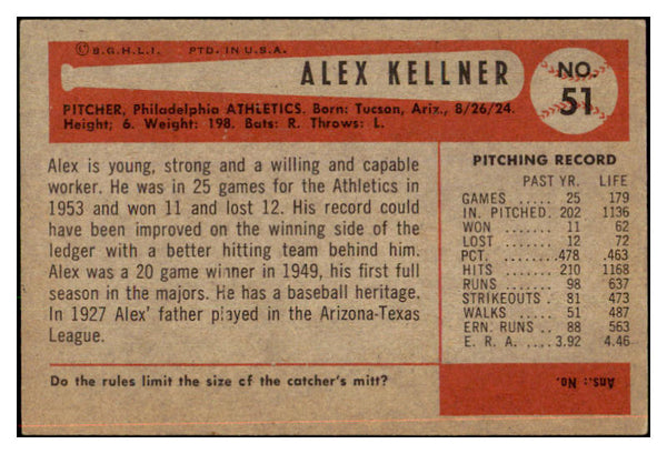 1954 Bowman Baseball #051 Alex Kellner A's EX-MT 463573