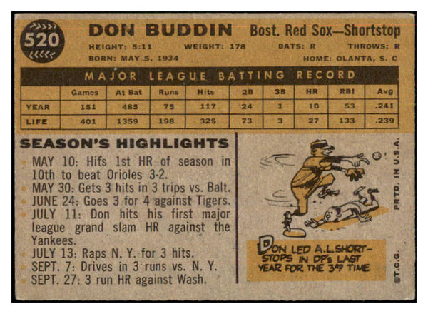 1960 Topps Baseball #520 Don Buddin Red Sox VG 464324