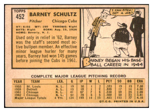 1963 Topps Baseball #452 Barney Schultz Cubs EX 464673