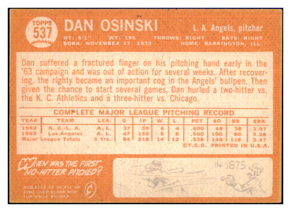 1964 Topps Baseball #537 Dan Osinski Angels EX 464843