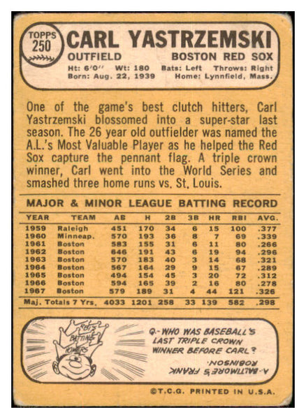 1968 Topps Baseball #250 Carl Yastrzemski Red Sox Fair 466630