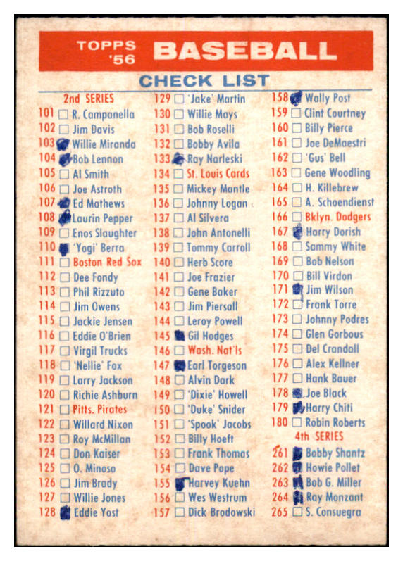 1956 Topps Baseball Checklist 2/4 EX-MT/NR-MT Marked 468188