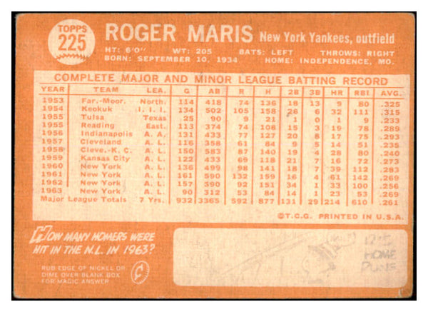 1964 Topps Baseball #225 Roger Maris Yankees VG 468654