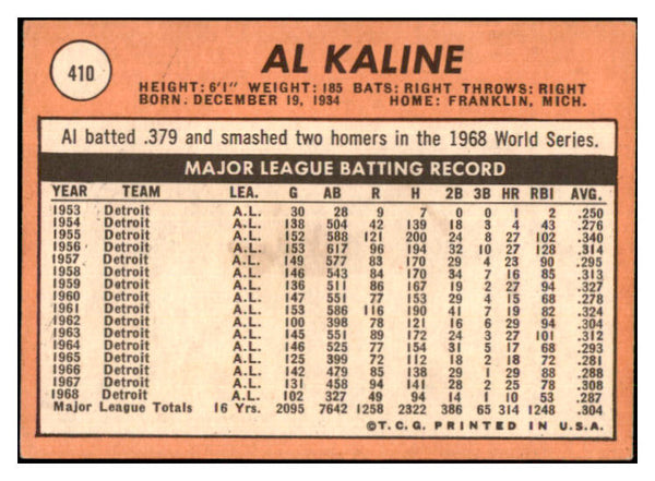 1969 Topps Baseball #410 Al Kaline Tigers EX+/EX-MT 468779