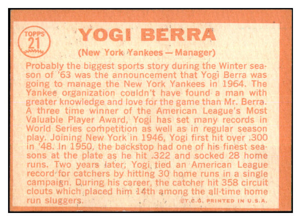 1964 Topps Baseball #021 Yogi Berra Yankees EX-MT oc 468978
