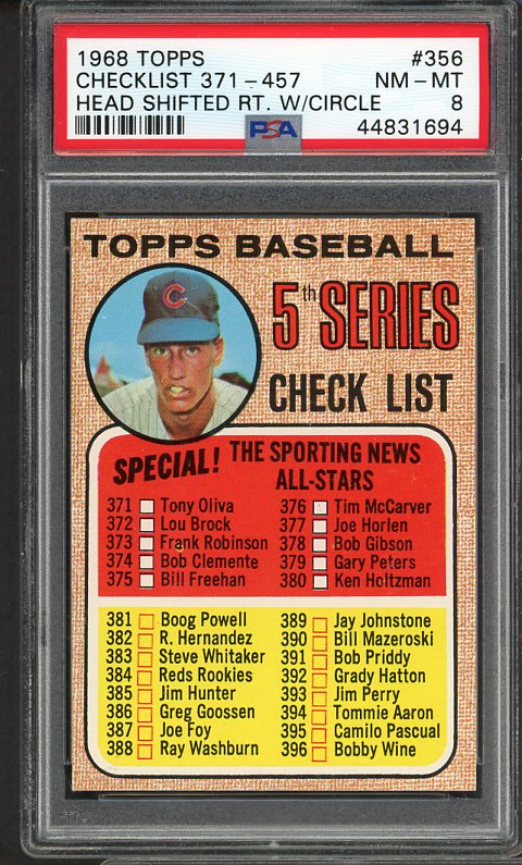 1968 Topps Baseball #356 Checklist 5 Ken Holtzman PSA 8 NM/MT 470039