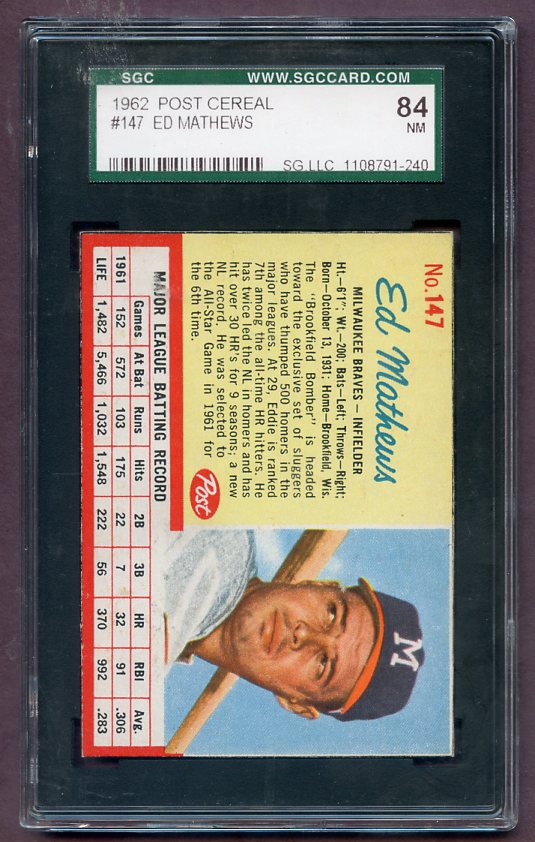 1962 Post Baseball #147 Eddie Mathews Braves SGC 84 NM 471756
