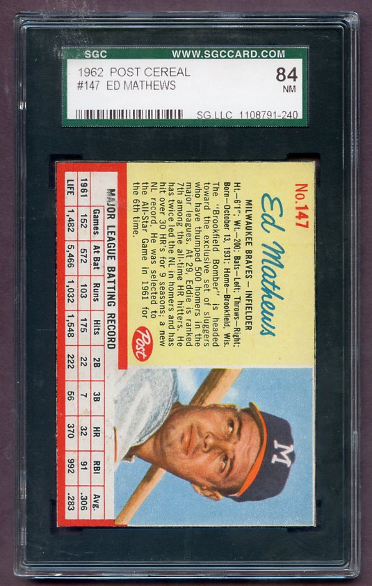 1962 Post Baseball #147 Eddie Mathews Braves SGC 7 NM 471756