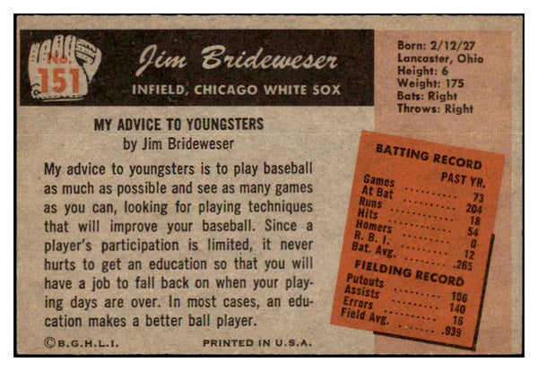 1955 Bowman Baseball #151 Jim Brideweser White Sox NR-MT 472271