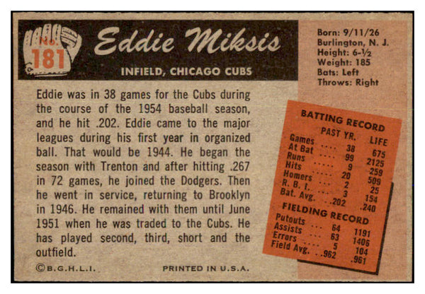 1955 Bowman Baseball #181 Eddie Miksis Cubs NR-MT 472284
