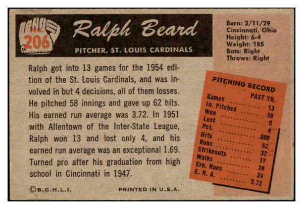 1955 Bowman Baseball #206 Ralph Beard Cardinals EX-MT 472418