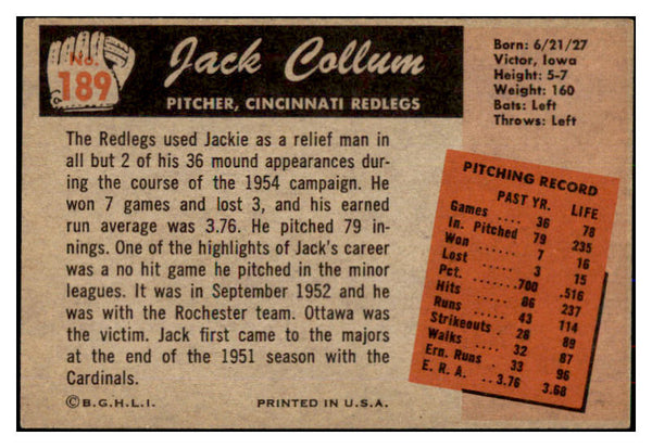 1955 Bowman Baseball #189 Jack Collum Reds EX-MT 472424