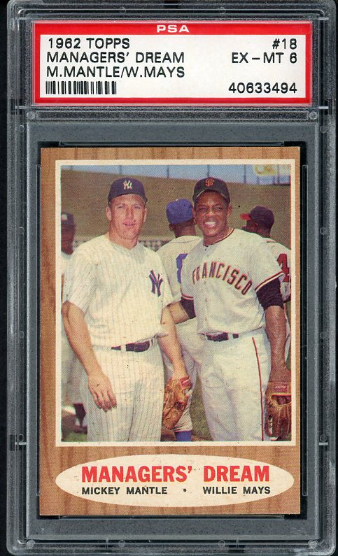 1962 Topps Baseball #018 Mickey Mantle Willie Mays PSA 6 EX-MT cracked 472633