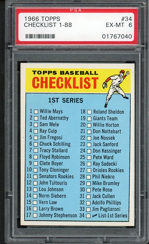 1966 Topps Baseball # 34 Checklist 1 PSA 6 EX-MT Unmarked 473306