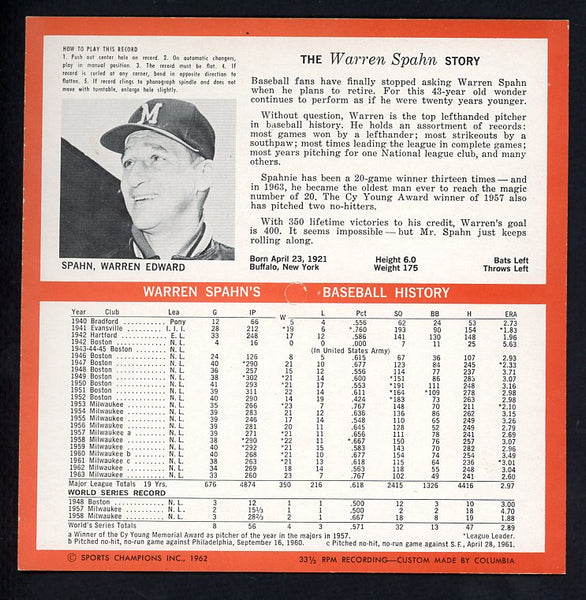 1964 Auravision Records Warren Spahn Braves NR-MT 473358 Kit Young Cards