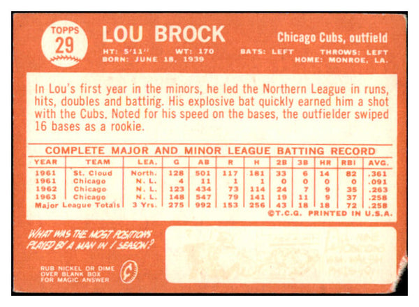 1964 Topps Baseball #029 Lou Brock Cubs Good 473579 Kit Young Cards